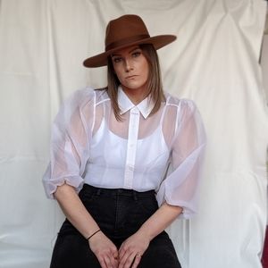 NWT Sheer Puff Sleeve Collar Button Up Blouse